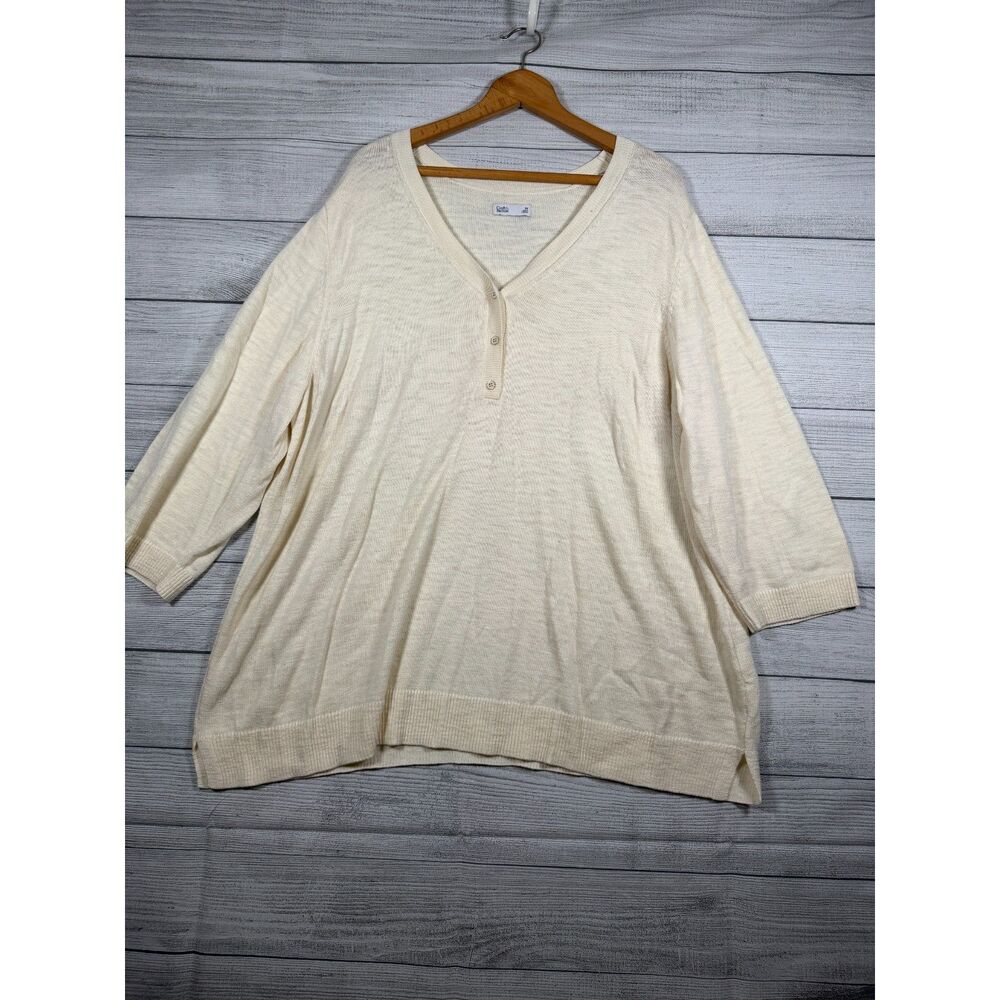 Croft & Barrow Womens 3X Ivory V Neck Henley 3/4 Sleeve Tunic Sweater 4245